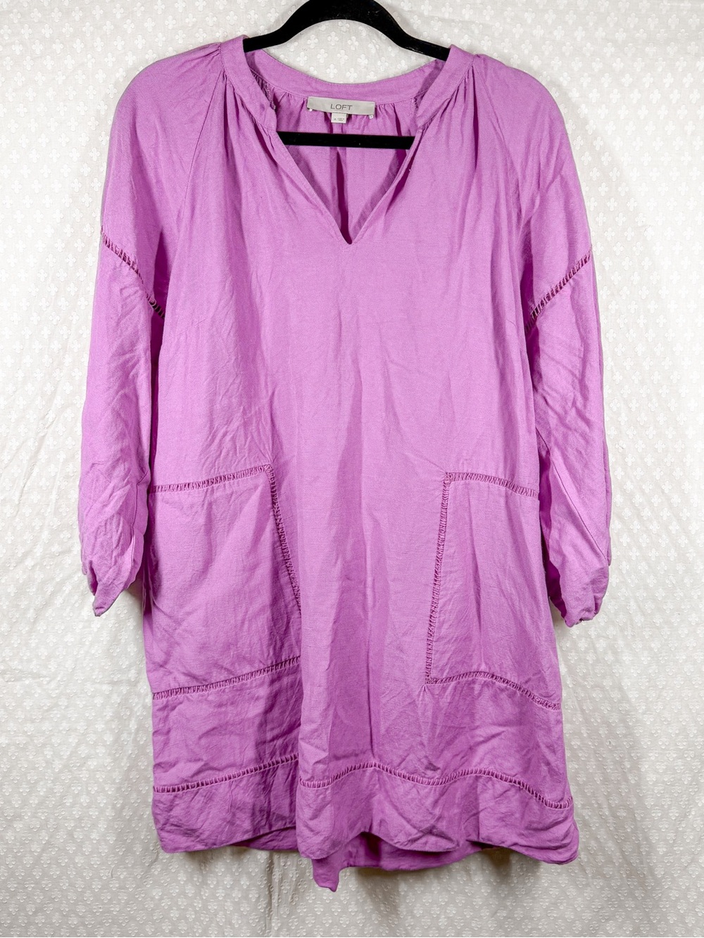 Loft Pink Linen Blend Long‎ Puff Sleeve Dress